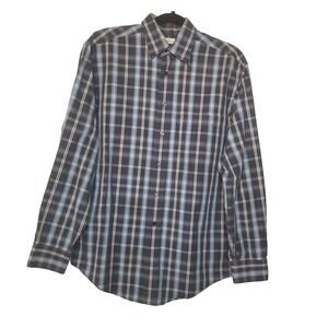 Turnbury Men's Blue Plaid Long Sleeve Button Down Cotton Shirt Size Medium (34)